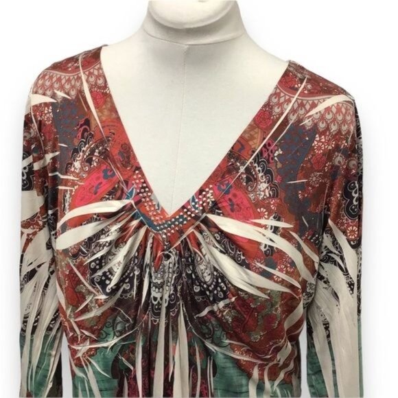 One World Women’s 3/4 Sleeve V Neck Sequin Tunic Top, Rust Floral, size 2X - Picture 2 of 8